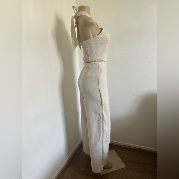 Chic Linen Blend 2-Piece Set | Halter Crop Top & Wide Leg Pants Size Small - Picture 2 of 9